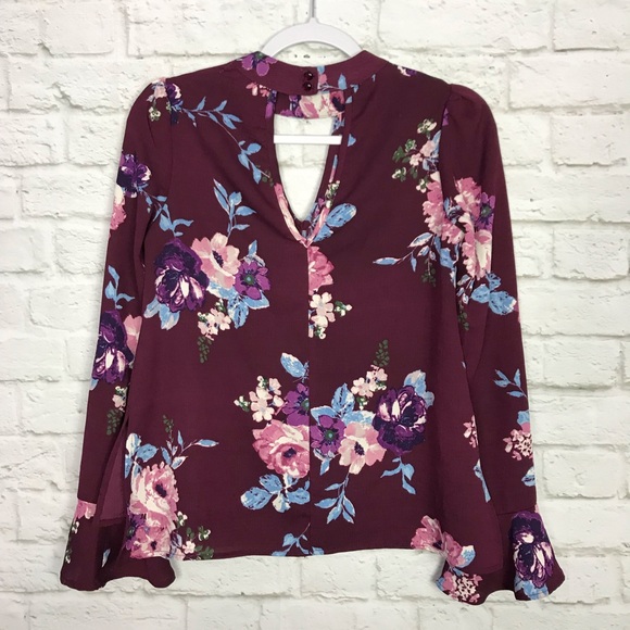 Living Doll Floral Keyhole BellSleeve Burgundy Spring Unique Blouse Size Small S - Picture 5 of 8
